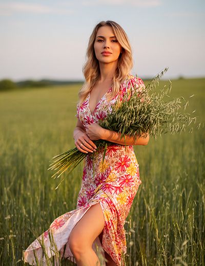 Smiling blonde woman in colorful floral dress holding bundle of fresh oat stalks in sunny green field, symbolizing the soothing Oat Extract in Oryskincare's gentle skincare products for calmed, hydrated, and protected sensitive skin.