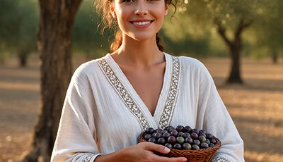 Smiling woman in embroidered white dress holding basket of fresh olives in sunny olive grove, embodying the antioxidant-rich Olive Leaf Extract in Oryskincare's protective skincare products for soothed, firm, and radiant skin.