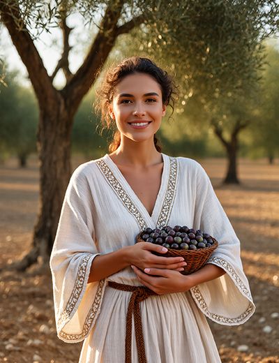 Smiling woman in embroidered white dress holding basket of fresh olives in sunny olive grove, embodying the antioxidant-rich Olive Leaf Extract in Oryskincare's protective skincare products for soothed, firm, and radiant skin.
