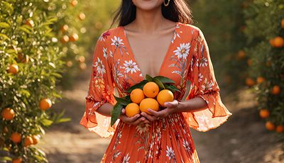 Smiling woman in vibrant orange floral dress holding fresh oranges in sunny citrus orchard, symbolizing the uplifting Orange Essential Oil in Oryskincare's brightening skincare products for radiant, acne-free, and hydrated skin.