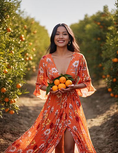 Smiling woman in vibrant orange floral dress holding fresh oranges in sunny citrus orchard, symbolizing the uplifting Orange Essential Oil in Oryskincare's brightening skincare products for radiant, acne-free, and hydrated skin.