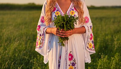 Smiling woman in embroidered white dress holding fresh peppermint bouquet in sunny green field, embodying the cooling Peppermint Essential Oil in Oryskincare's invigorating skincare products for refreshed, soothed, and clear skin.
