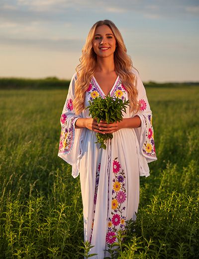 Smiling woman in embroidered white dress holding fresh peppermint bouquet in sunny green field, embodying the cooling Peppermint Essential Oil in Oryskincare's invigorating skincare products for refreshed, soothed, and clear skin.