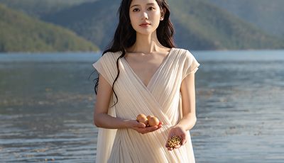 Serene woman in flowing white dress kneeling in tranquil lake holding eggs, symbolizing protein-rich sources of Peptides in Oryskincare's anti-aging skincare products for firmer, repaired, and youthful skin.