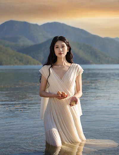 Serene woman in flowing white dress kneeling in tranquil lake holding eggs, symbolizing protein-rich sources of Peptides in Oryskincare's anti-aging skincare products for firmer, repaired, and youthful skin.