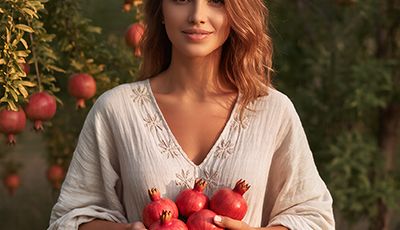 Elegant woman in beige embroidered dress holding fresh red pomegranates in lush pomegranate orchard at sunset, symbolizing the antioxidant-packed Pomegranate Extract in Oryskincare's rejuvenating skincare products for brightened, protected, and youthful skin.