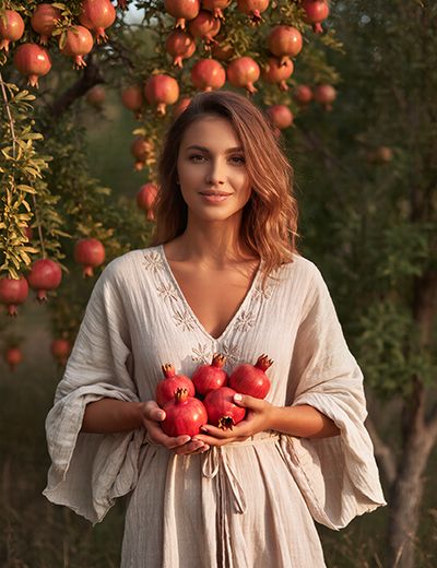 Elegant woman in beige embroidered dress holding fresh red pomegranates in lush pomegranate orchard at sunset, symbolizing the antioxidant-packed Pomegranate Extract in Oryskincare's rejuvenating skincare products for brightened, protected, and youthful skin.