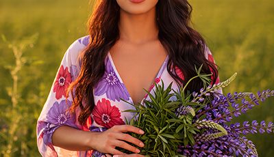 Woman holding fresh herbs in a field, symbolizing retinol as an ORY Skincare ingredient known for supporting skin renewal and smoother-looking complexion.