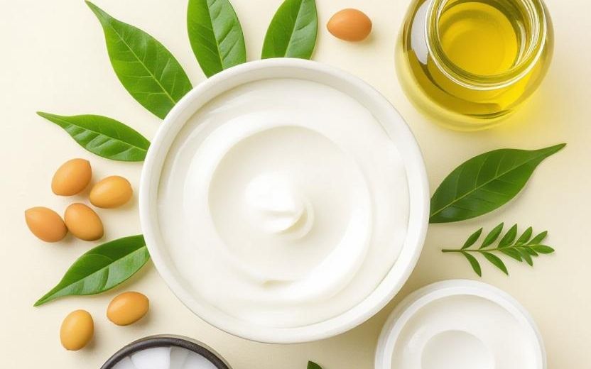 Cream and botanical ingredients arranged to represent glycerol monostearate SE, a self-emulsifying ORY Skincare ingredient used to stabilize and soften skincare formulations.