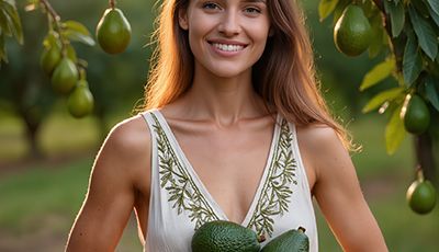 Woman holding fresh avocados under an avocado tree — natural avocado oil skincare ingredient for ORY Skincare.