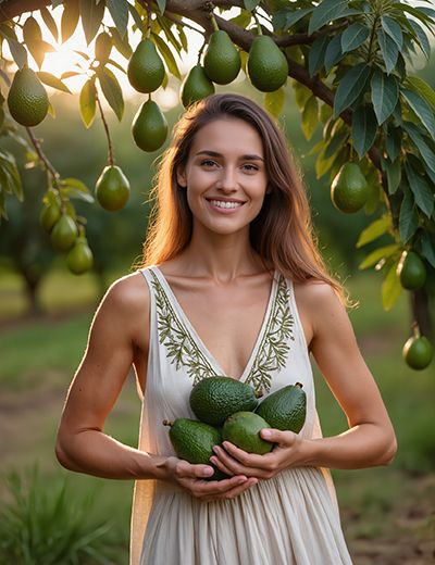 Woman holding fresh avocados under an avocado tree — natural avocado oil skincare ingredient for ORY Skincare.