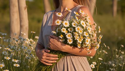 Woman holding a bouquet of chamomile flowers in a sunlit field — natural bisabolol skincare ingredient for ORY Skincare.