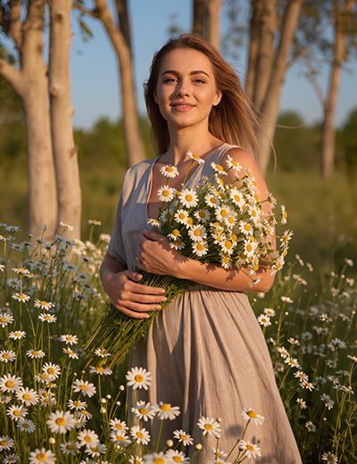 Woman holding a bouquet of chamomile flowers in a sunlit field — natural bisabolol skincare ingredient for ORY Skincare.
