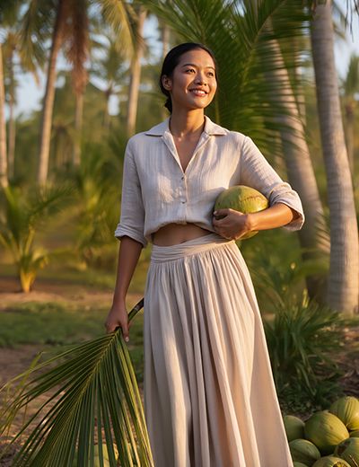 Woman holding coconuts in a tropical grove — source of caprylic/capric triglyceride used in ORY Skincare formulations.