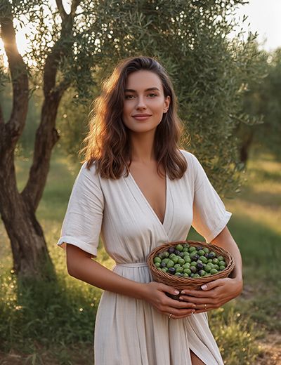 Woman holding a basket of olives in an orchard — olive-derived Cetearyl Olivate emulsifier for ORY Skincare.