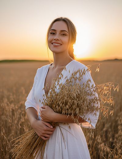 Woman in an oat field holding fresh oats at sunset — soothing colloidal oat skincare ingredient for ORY Skincare.