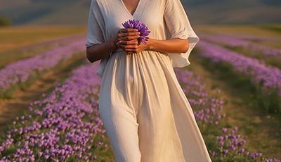 Woman walking through a purple crocus field holding saffron flowers — crocin antioxidant skincare ingredient for ORY Skincare.