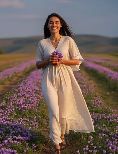 Woman walking through a purple crocus field holding saffron flowers — crocin antioxidant skincare ingredient for ORY Skincare.