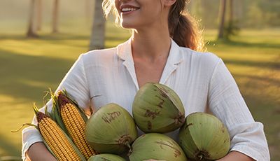 Woman standing in a tropical grove holding coconuts and corn, representing ORY Skincare’s use of decyl glucoside, a mild plant-derived cleanser made from sugars and fatty alcohols for gentle skin cleansing.