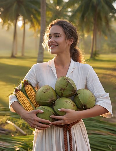 Woman standing in a tropical grove holding coconuts and corn, representing ORY Skincare’s use of decyl glucoside, a mild plant-derived cleanser made from sugars and fatty alcohols for gentle skin cleansing.