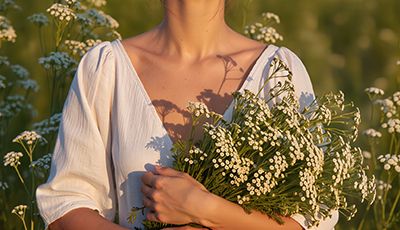 Woman holding fresh feverfew flowers in a sunlit field, representing the calming and anti-inflammatory benefits of Feverfew Extract in ORY Skincare.