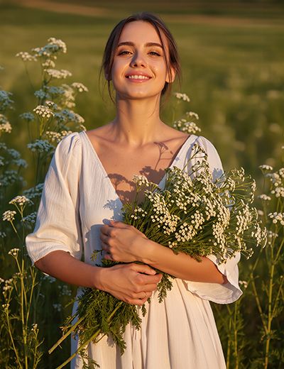 Woman holding fresh feverfew flowers in a sunlit field, representing the calming and anti-inflammatory benefits of Feverfew Extract in ORY Skincare.