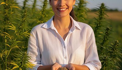 Smiling woman in white shirt holding hemp seeds in sunny hemp field, representing the nourishing Hemp Seed Oil in Oryskincare's moisturizing and anti-inflammatory skincare products for balanced, healthy skin.