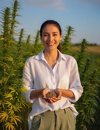 Smiling woman in white shirt holding hemp seeds in sunny hemp field, representing the nourishing Hemp Seed Oil in Oryskincare's moisturizing and anti-inflammatory skincare products for balanced, healthy skin.
