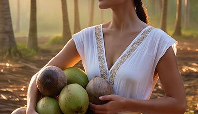 Elegant woman in white dress holding bunch of fresh coconuts in misty tropical palm grove at sunset, representing natural coconut-derived Lauryl Glucoside surfactant in Oryskincare's mild cleansing products for gentle, foam-rich skincare.