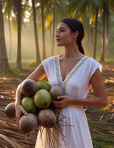 Elegant woman in white dress holding bunch of fresh coconuts in misty tropical palm grove at sunset, representing natural coconut-derived Lauryl Glucoside surfactant in Oryskincare's mild cleansing products for gentle, foam-rich skincare.