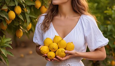 Woman holding fresh lemons in a sunny orchard, showcasing natural ingredients used to create ORY Skincare’s Lemon Peel Extract.