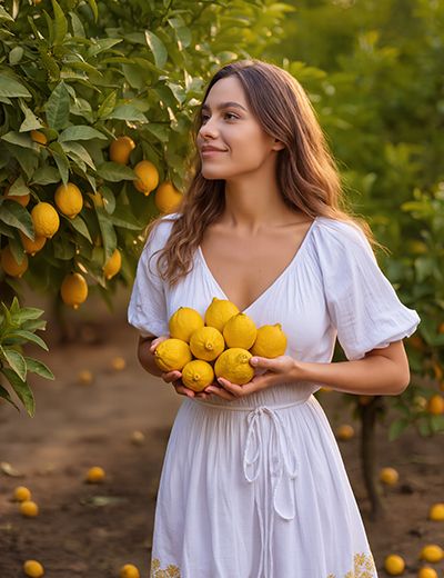 Woman holding fresh lemons in a sunny orchard, showcasing natural ingredients used to create ORY Skincare’s Lemon Peel Extract.