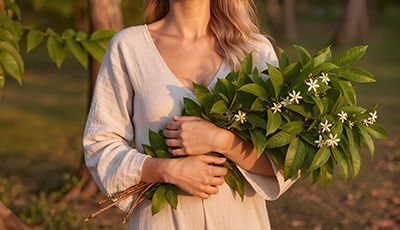 Smiling blonde woman in beige dress holding fresh neem branches with white flowers in tropical forest at sunset, illustrating the purifying Neem Leaf Extract in Oryskincare's antibacterial skincare products for clear, soothed, and healthy skin.