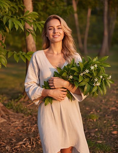 Smiling blonde woman in beige dress holding fresh neem branches with white flowers in tropical forest at sunset, illustrating the purifying Neem Leaf Extract in Oryskincare's antibacterial skincare products for clear, soothed, and healthy skin.