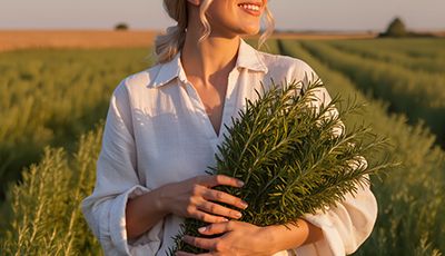 Woman standing in a rosemary field holding fresh rosemary sprigs, representing ORY Skincare’s use of rosemary extract as a botanical antioxidant ingredient known for purifying, stimulating, and protecting the skin.