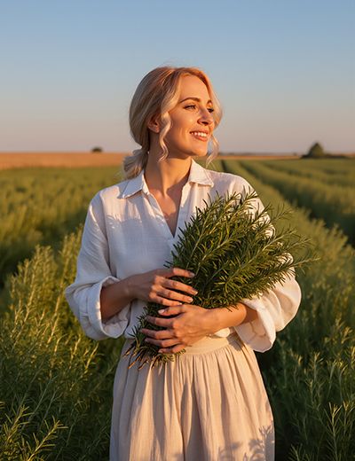 Woman standing in a rosemary field holding fresh rosemary sprigs, representing ORY Skincare’s use of rosemary extract as a botanical antioxidant ingredient known for purifying, stimulating, and protecting the skin.