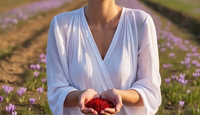 Woman standing in a saffron field holding fresh saffron threads, representing ORY Skincare’s use of saffron extract as a rare botanical ingredient known for brightening, antioxidant protection, and skin revitalization.
