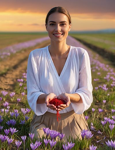 Woman standing in a saffron field holding fresh saffron threads, representing ORY Skincare’s use of saffron extract as a rare botanical ingredient known for brightening, antioxidant protection, and skin revitalization.