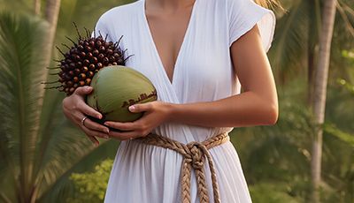 Woman standing in a tropical setting holding coconut and palm fruit, representing ORY Skincare’s use of sodium lauryl glucose carboxylate, a gentle plant-derived surfactant used for mild cleansing and skin comfort.