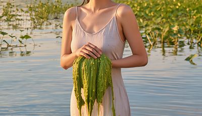 Woman standing in a freshwater lake holding fresh spirulina algae, representing ORY Skincare’s use of spirulina as a nutrient-rich botanical ingredient known for detoxifying, antioxidant, and skin-revitalizing benefits.