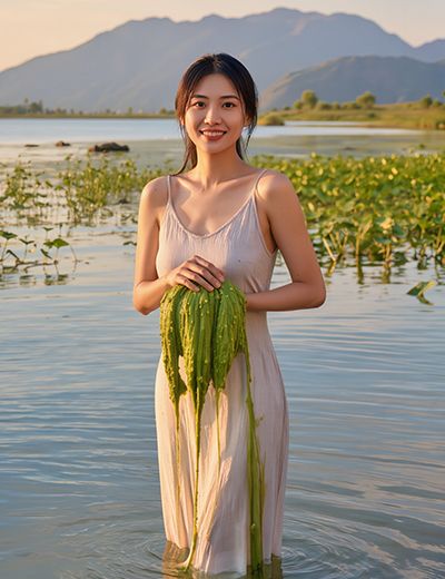 Woman standing in a freshwater lake holding fresh spirulina algae, representing ORY Skincare’s use of spirulina as a nutrient-rich botanical ingredient known for detoxifying, antioxidant, and skin-revitalizing benefits.