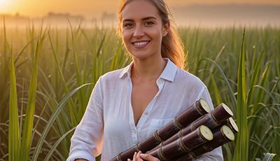 Woman standing in a cultivated field holding harvested plant stalks, representing ORY Skincare’s commitment to formulation purity and the use of tetrasodium glutamate diacetate to improve ingredient stability and product performance.