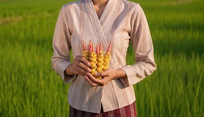 Woman standing in a green field holding fresh turmeric roots, representing ORY Skincare’s use of turmeric extract as a natural antioxidant ingredient known for brightening, calming, and skin-balancing benefits.