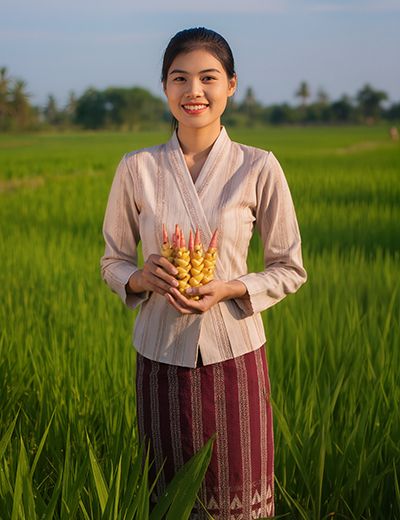 Woman standing in a green field holding fresh turmeric roots, representing ORY Skincare’s use of turmeric extract as a natural antioxidant ingredient known for brightening, calming, and skin-balancing benefits.