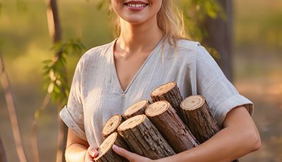 Woman standing in a wooded setting holding natural willow bark, representing ORY Skincare’s use of willow bark extract as a botanical exfoliating ingredient known for clarifying, smoothing, and balancing the skin.