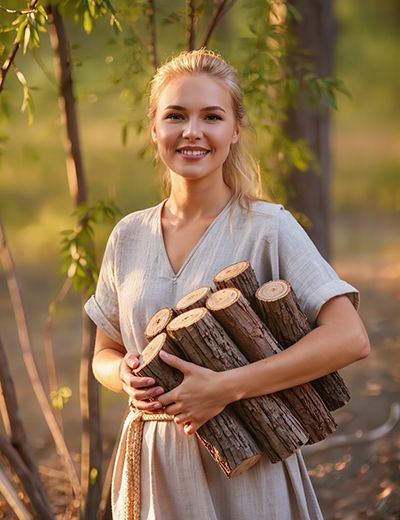 Woman standing in a wooded setting holding natural willow bark, representing ORY Skincare’s use of willow bark extract as a botanical exfoliating ingredient known for clarifying, smoothing, and balancing the skin.