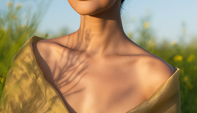 Asian woman with radiant, golden skin holding babchi seeds in a sunlit field, representing bakuchiol oil, a gentle plant-based retinol alternative for sensitive skin.