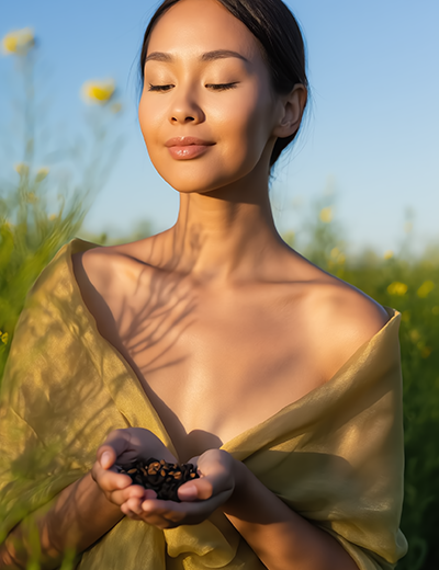 Asian woman with radiant, golden skin holding babchi seeds in a sunlit field, representing bakuchiol oil, a gentle plant-based retinol alternative for sensitive skin.