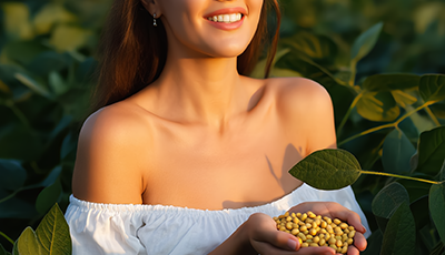 Woman holding soybeans in a sunlit soybean field representing soy extract, a botanical skincare ingredient known for hydration, antioxidant protection, and skin barrier support.