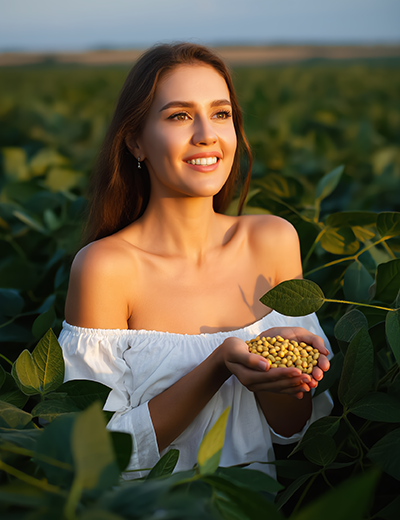 Woman holding soybeans in a sunlit soybean field representing soy extract, a botanical skincare ingredient known for hydration, antioxidant protection, and skin barrier support.
